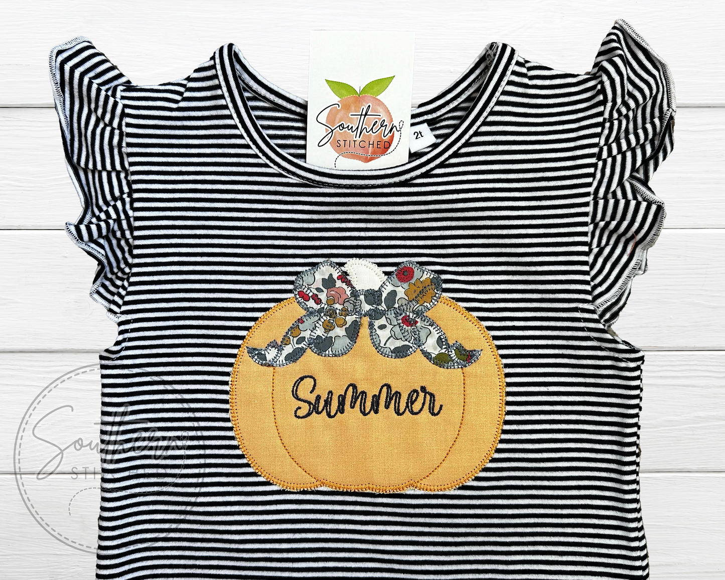 Applique Pumpkin Stripe Flutter Sleeve Tee