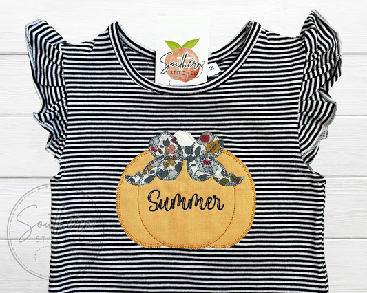 Applique Pumpkin Stripe Flutter Sleeve Tee