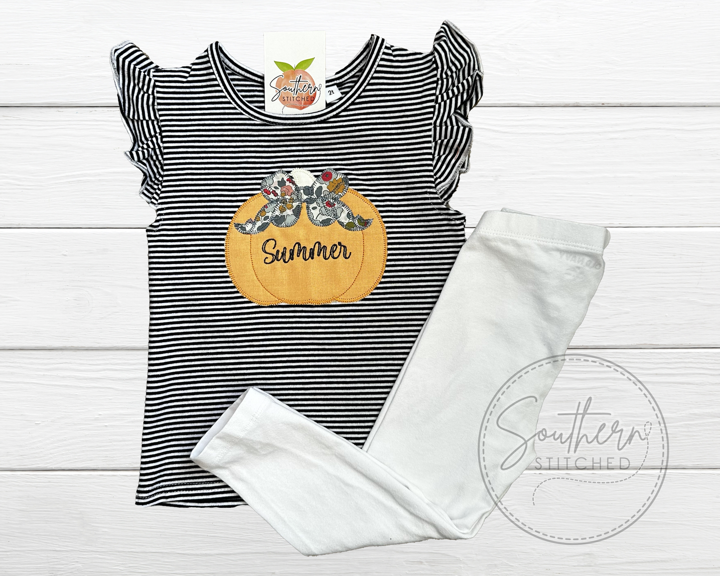 Applique Pumpkin Stripe Flutter Sleeve Tee